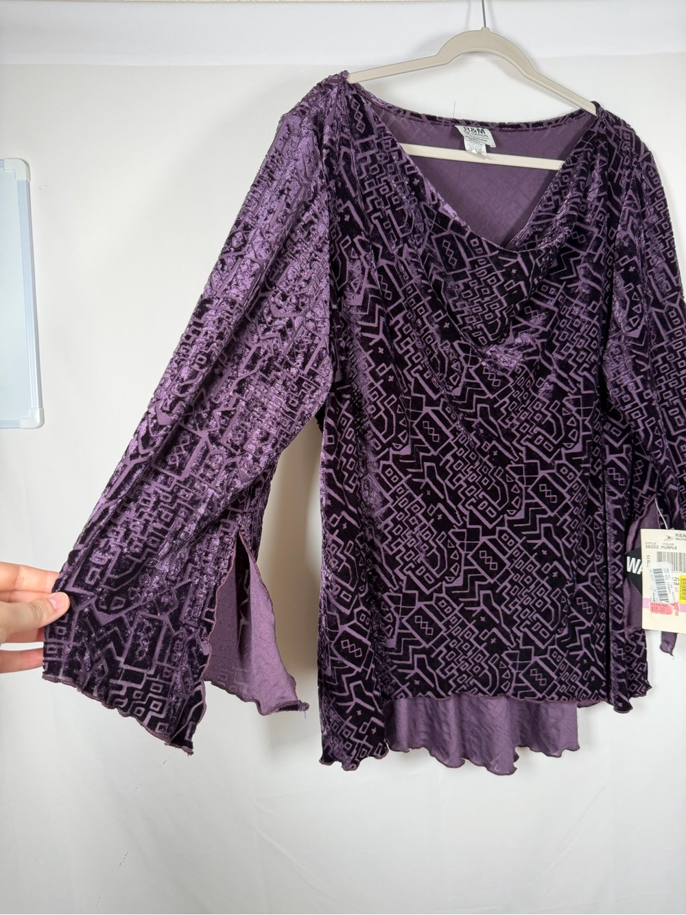 Vintage 90s Y2K Whimsigoth Purple Velvet burn Out Cowl Neck Flare Sleeve Top